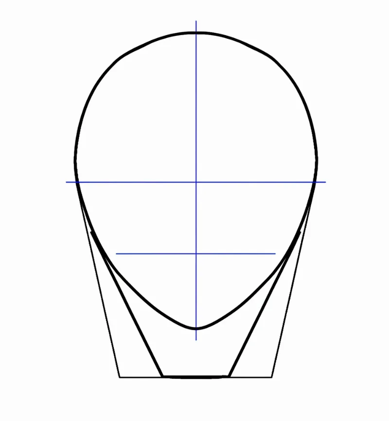 Phác thảo khuôn mặt anime bằng hình tròn và hình thang ngược, có trục đối xứng.