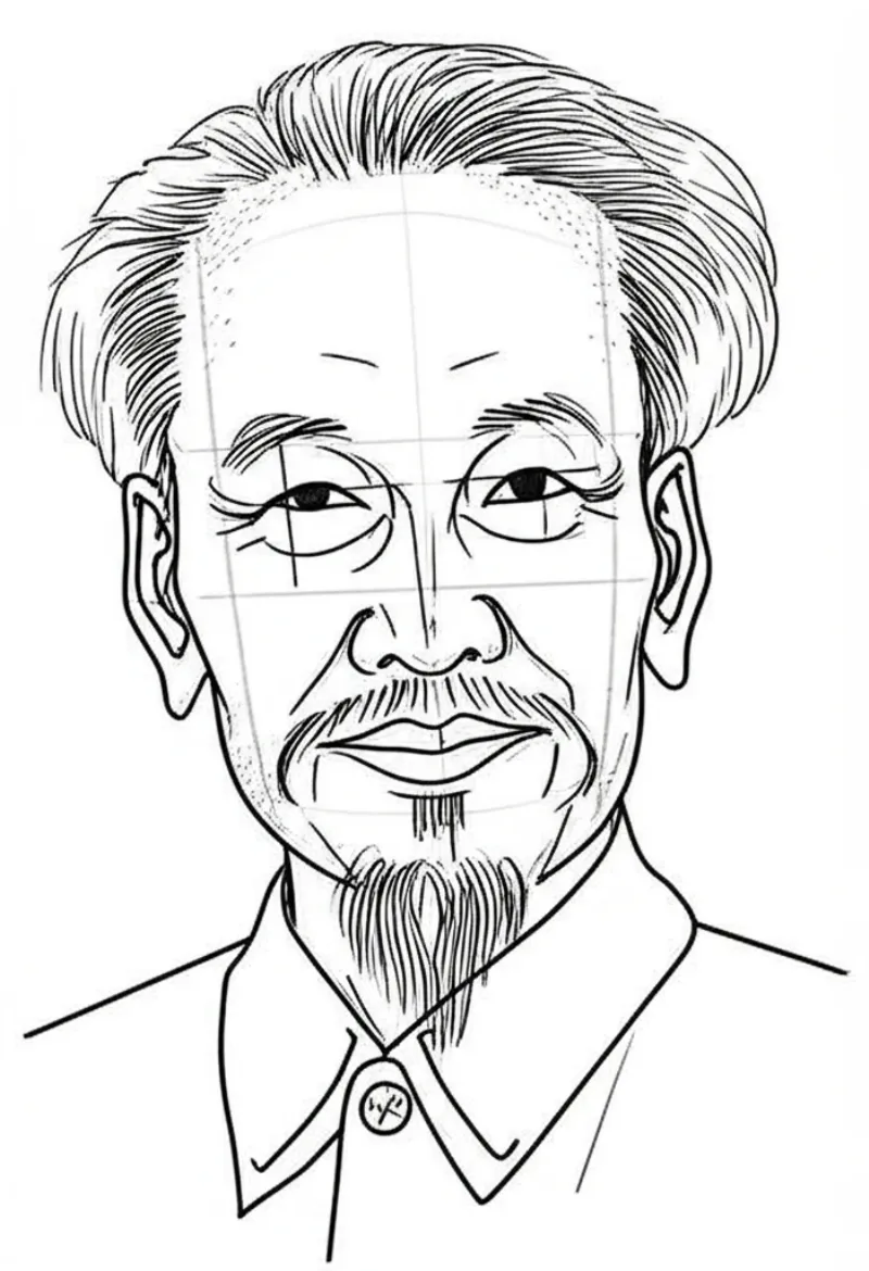 Phác thảo khuôn mặt Bác Hồ với các đường trục định vị mắt, mũi, miệng, thể hiện nụ cười hiền hậu, giản dị.