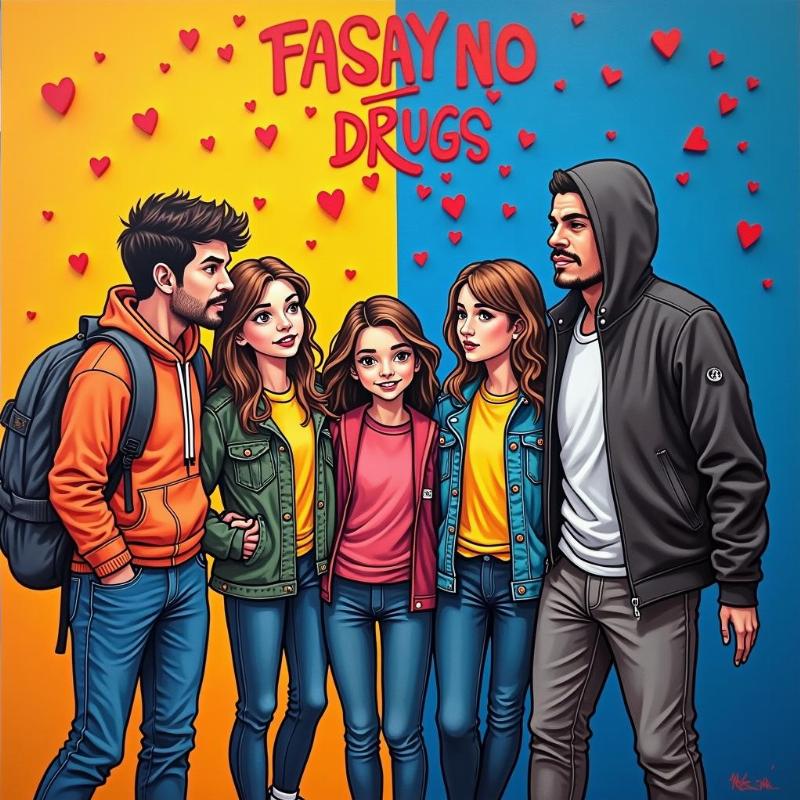 Tô màu bức tranh "Nói không với ma túy" bằng màu sắc tươi sáng cho nhóm bạn và màu tối cho người nghiện.