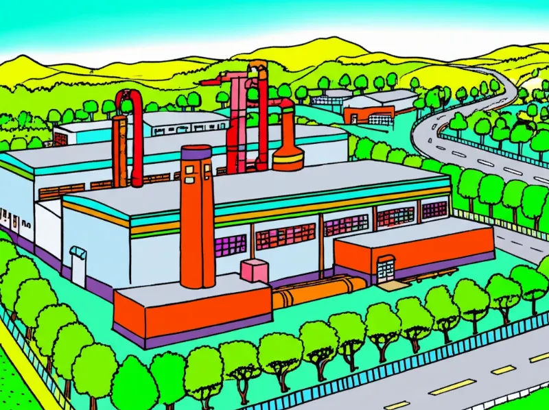 Một bức tranh nhà xưởng kết cấu thép đã được tô màu tươi sáng, với các chi tiết sống động như cây cối và đường đi. 