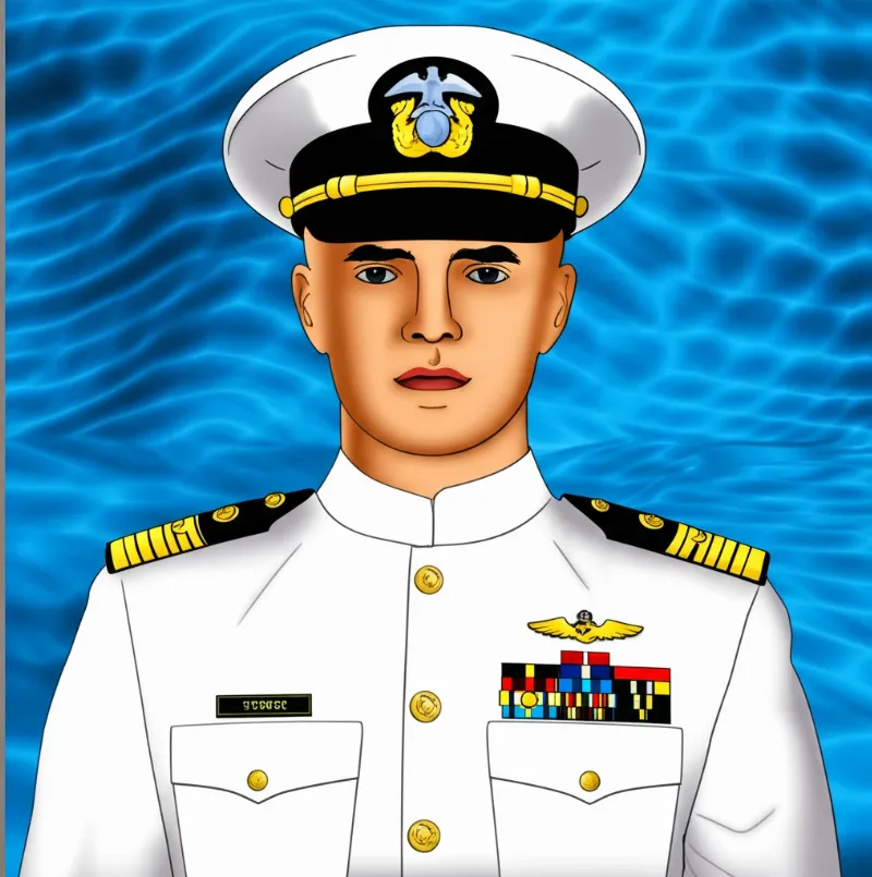 Một bức tranh chú bộ đội hải quân đã được tô màu hoàn chỉnh, thể hiện sự oai phong và kiên cường, với quân phục trắng và nền biển xanh.