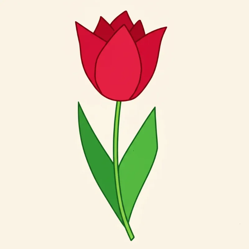 Bức tranh hoa tulip đã tô màu rực rỡ, với các gam màu tươi sáng và nét vẽ đơn giản