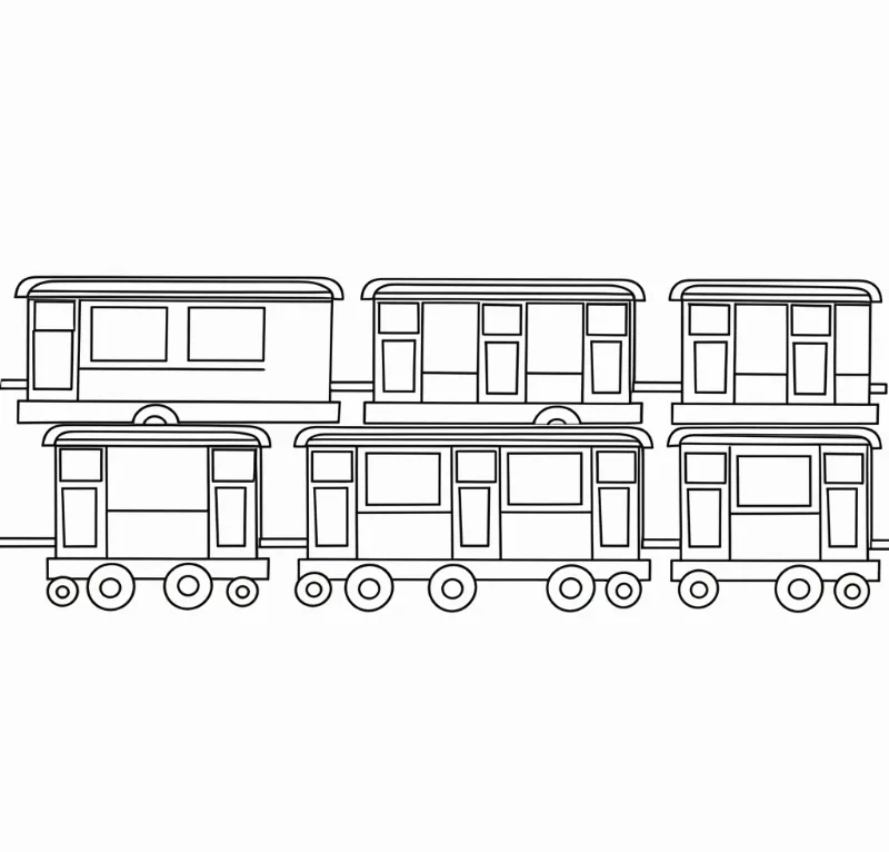 Hình ảnh phác thảo các toa tàu hỏa nối tiếp nhau với cửa sổ và các chi tiết đơn giản.