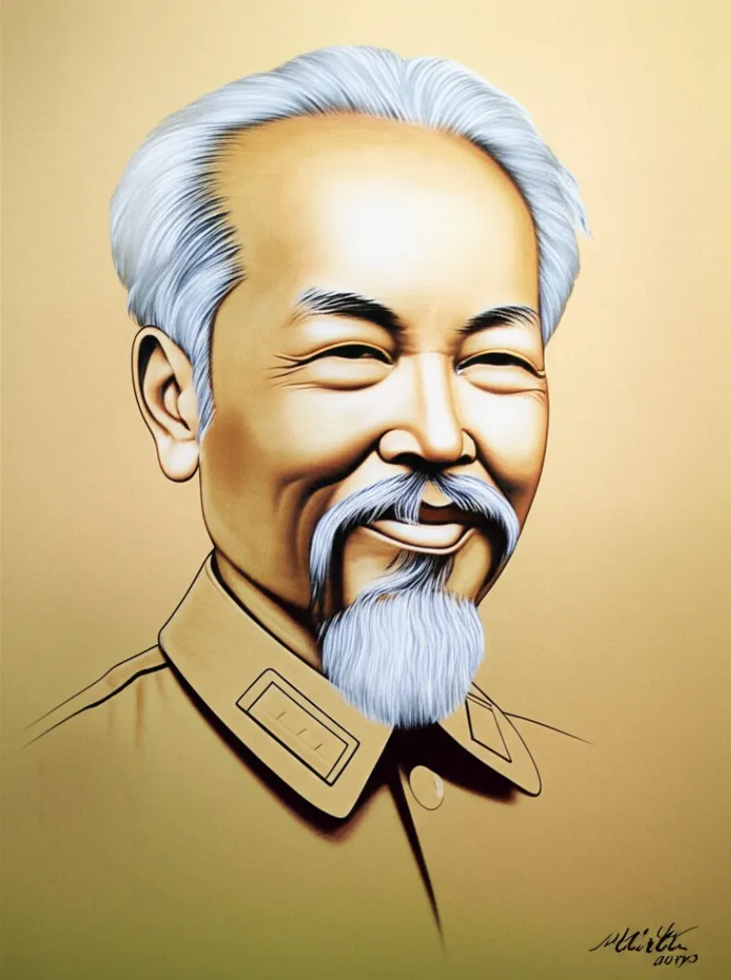 Chi tiết hình ảnh Bác Hồ với râu bạc, tóc gọn gàng và bộ áo kaki quen thuộc được phác họa tỉ mỉ. 