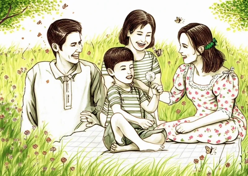 Vẽ chi tiết từng thành viên gia đình và cảnh vật xung quanh, biểu cảm vui vẻ.