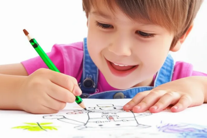 Một bạn nhỏ đang hào hứng vẽ tranh chú bộ đội hải quân với nụ cười tươi tắn, thể hiện niềm vui và sự sáng tạo của mình.