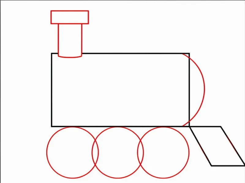 Hình ảnh phác thảo bước một vẽ đầu tàu hỏa với các hình chữ nhật và ống khói đơn giản.