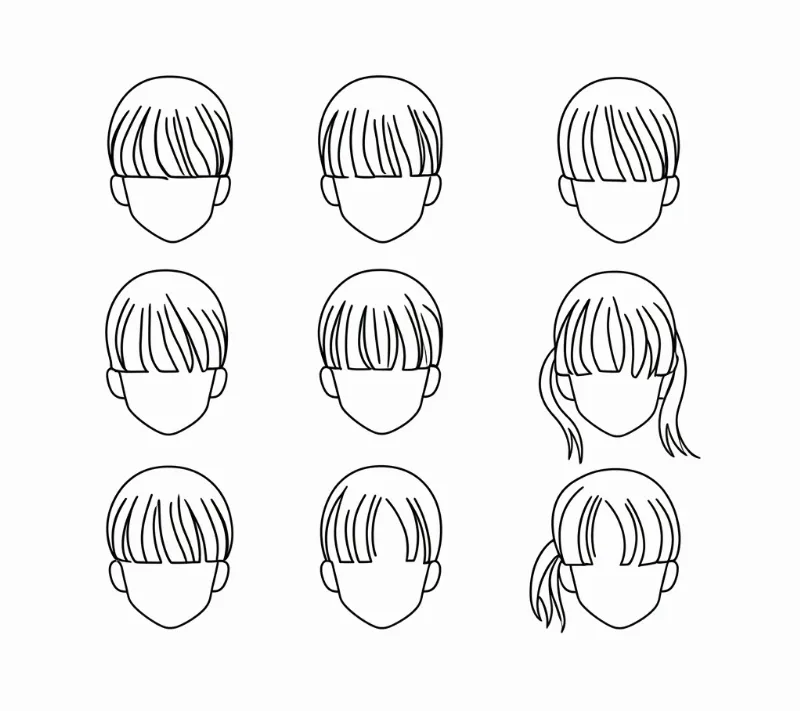 Vẽ tóc anime với các lọn tóc mái và tóc xõa, tạo cảm giác bồng bềnh tự nhiên.