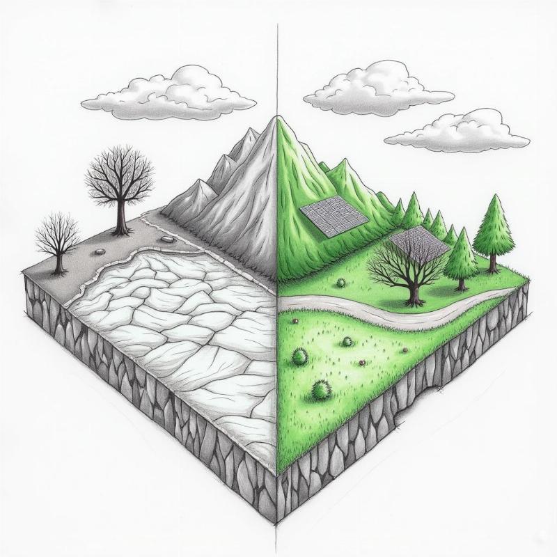 Ve tranh biến đổi khí hậu học sinh tiểu học với bố cục chia hai rõ ràng