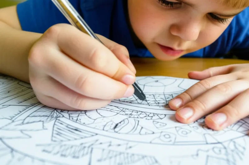 Em nhỏ đang tỉ mỉ thêm chi tiết và làm rõ đường nét cho bức tranh ước mơ của mình, thể hiện sự khéo léo và sáng tạo.