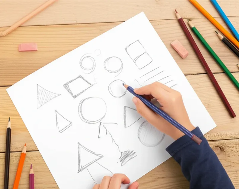 Bức tranh ước mơ của em được phác thảo ý tưởng ban đầu trên giấy nháp với các hình khối cơ bản.