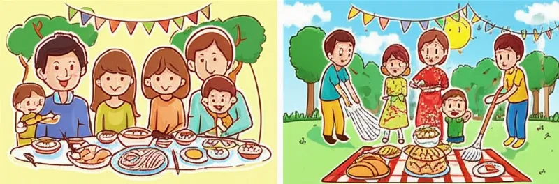 Những ý tưởng vẽ tranh gia đình đa dạng: sum vầy, du lịch, lễ hội, làm việc nhà.